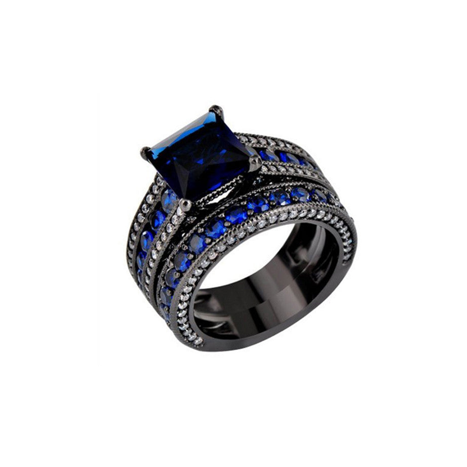 Beautiful Black Rings Set - Gold Plated Cubic Sapphire Simulated Stone
