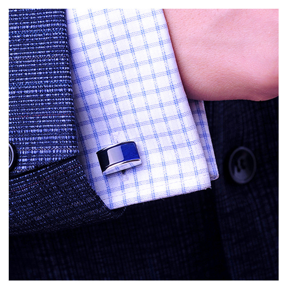 Deep Blue Line Rhodium Plated Cuff Links