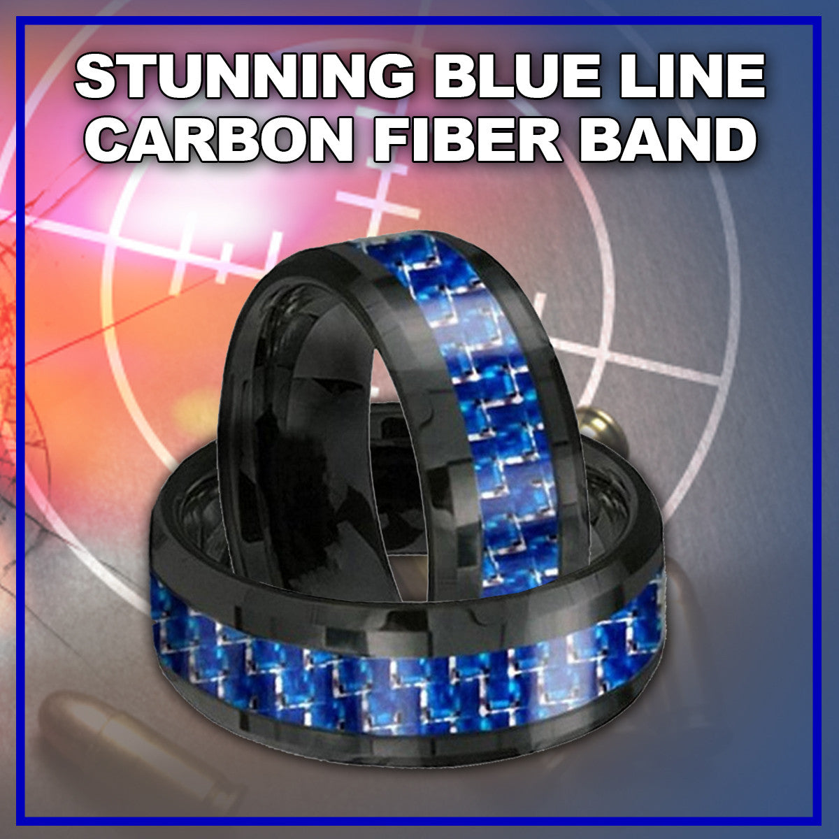 Gorgeous Black and Blue 8mm Tungsten Carbon Fiber Ring