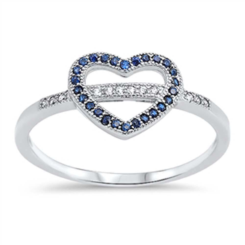 Gorgeous Sterling Silver Open Heart Ring with Clear Cz and Blue Sapphire Crystals