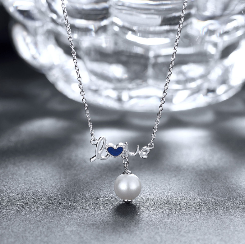 Sterling Silver Blue Heart LOVE PEARL Necklace .925