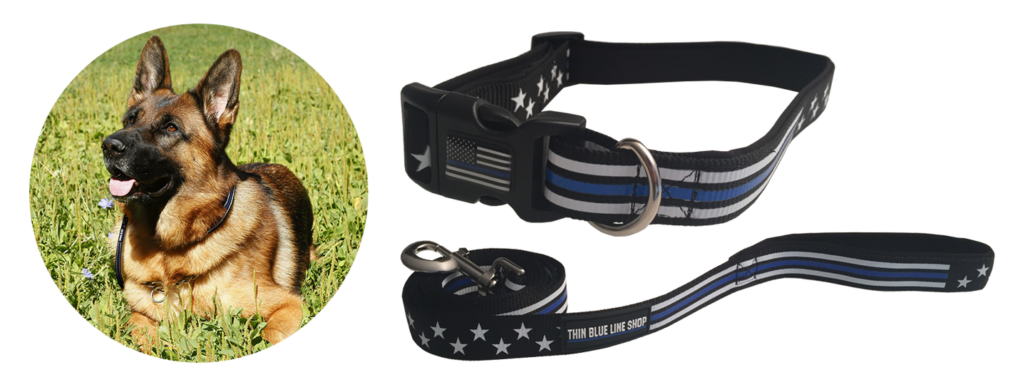 Matching Stars and Stripes Thin Blue Line Dog Collar and Leash