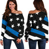Diagonal Thin Blue Line Women's Off Shoulder Sweater