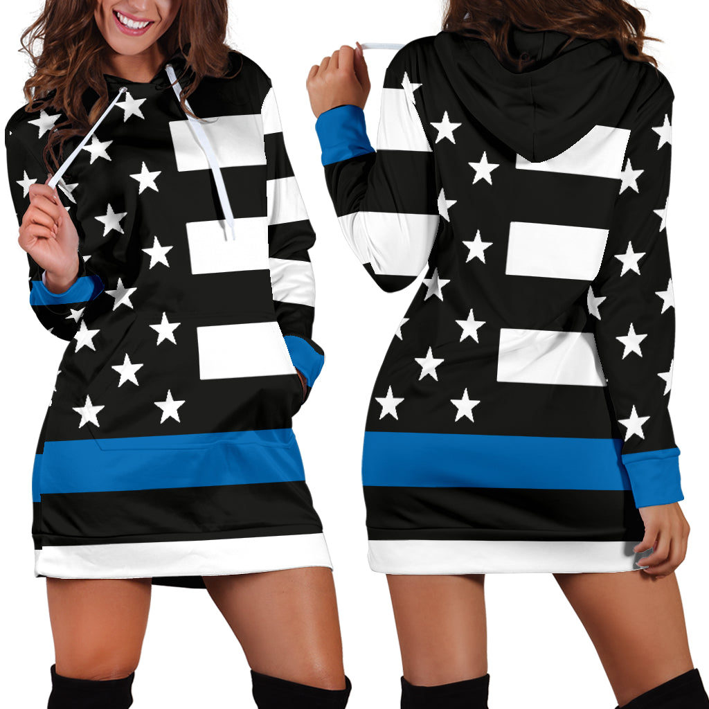 Women's Thin Blue Line Flag Hoodie Dress Hoodie Dress - Women's Thin Blue Line Flag Hoodie Dress / 2XL Women's Thin Blue Line Flag Hoodie Dress Hoodie Dress - Women's Thin Blue Line Flag Hoodie Dress / 2XL