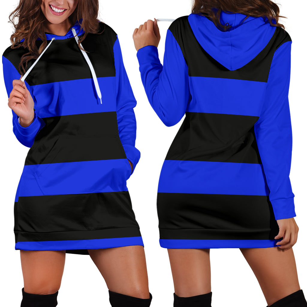 Black and Blue Hoodie Dress Hoodie Dress - Diagonal Blue Line Hoodie Dress / S Black and Blue Hoodie Dress Hoodie Dress - Diagonal Blue Line Hoodie Dress / S