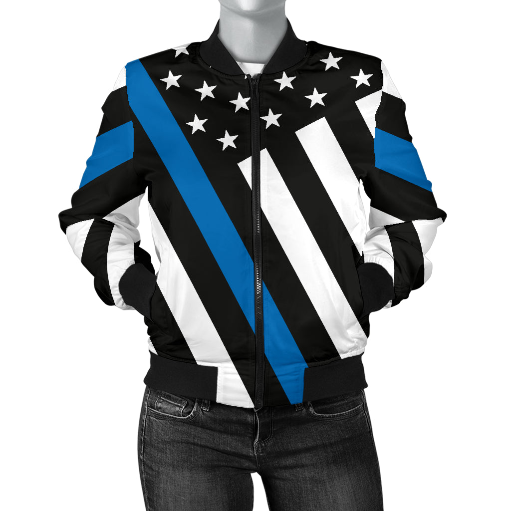 Women's Diagonal Thin Blue Line American Flag Bomber Jacket