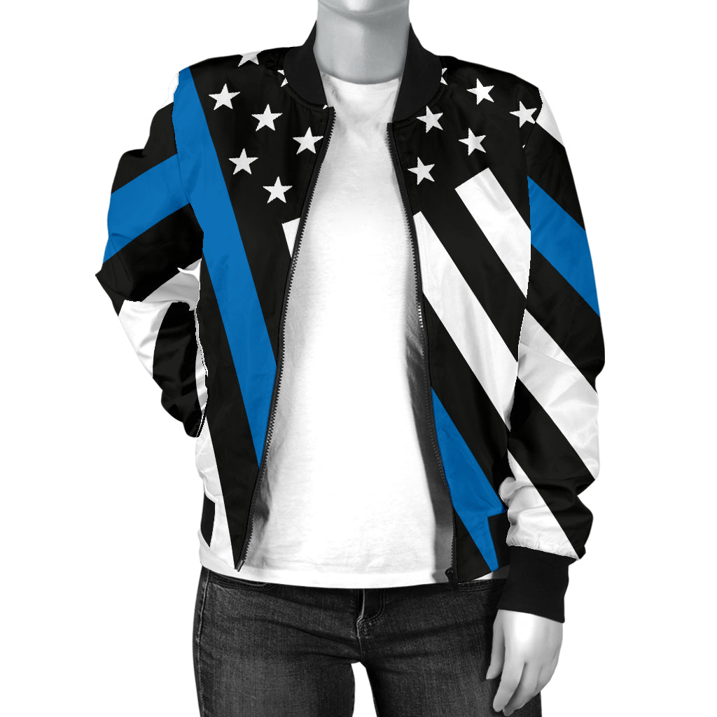 Women's Diagonal Thin Blue Line American Flag Bomber Jacket