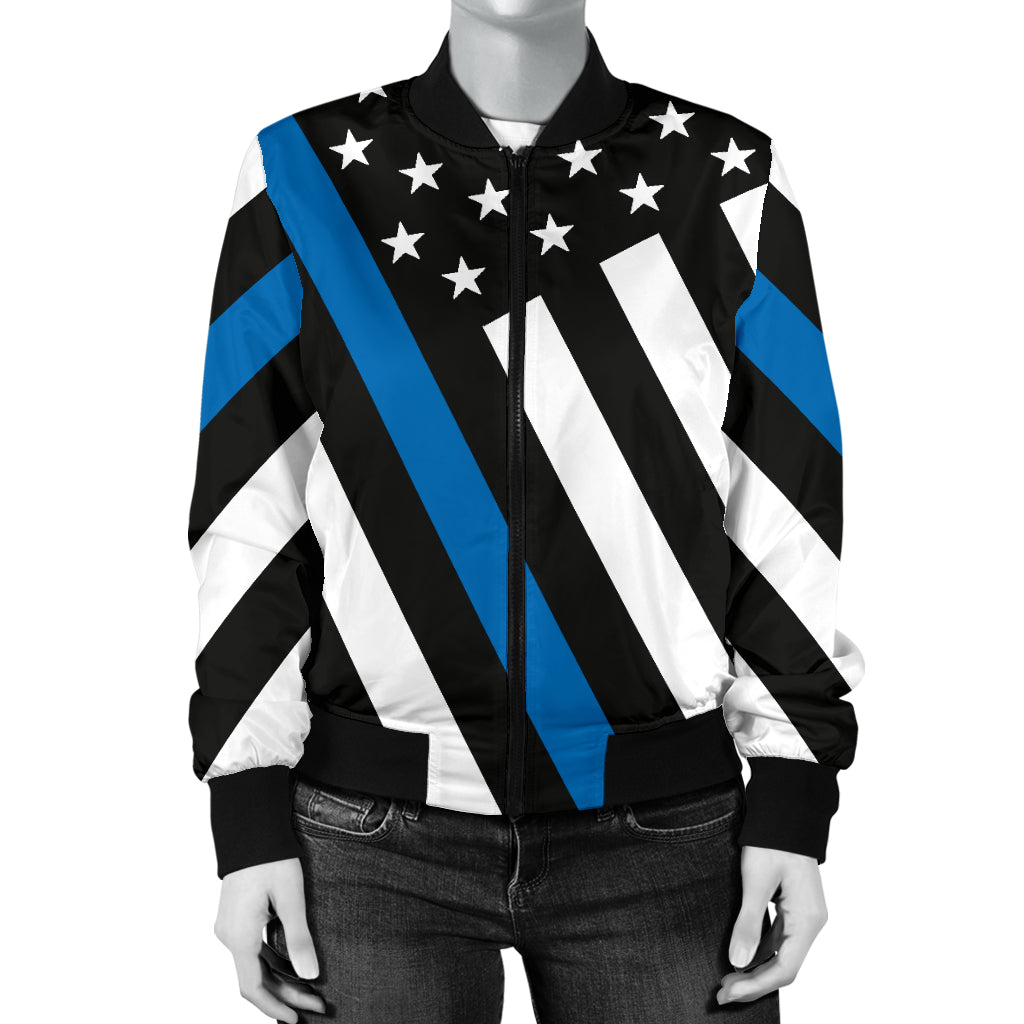 Women's Diagonal Thin Blue Line American Flag Bomber Jacket