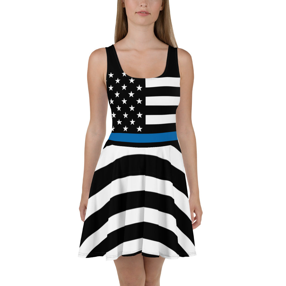 Curved Thin Blue Line American Flag Skater Dress S Curved Thin Blue Line American Flag Skater Dress S