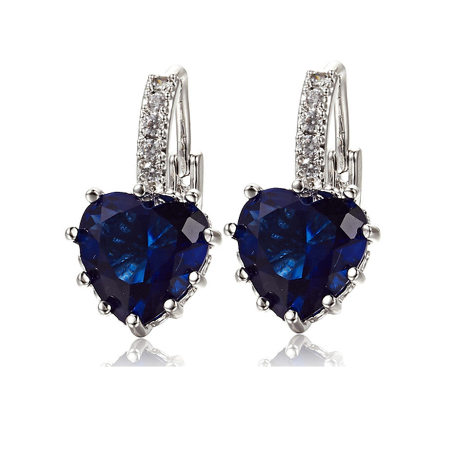 White Gold Plated Blue Sapphire Crystal Heart Earrings