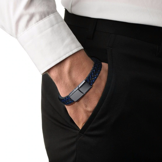 Thin Blue Line Faux Leather Men's Bracelet