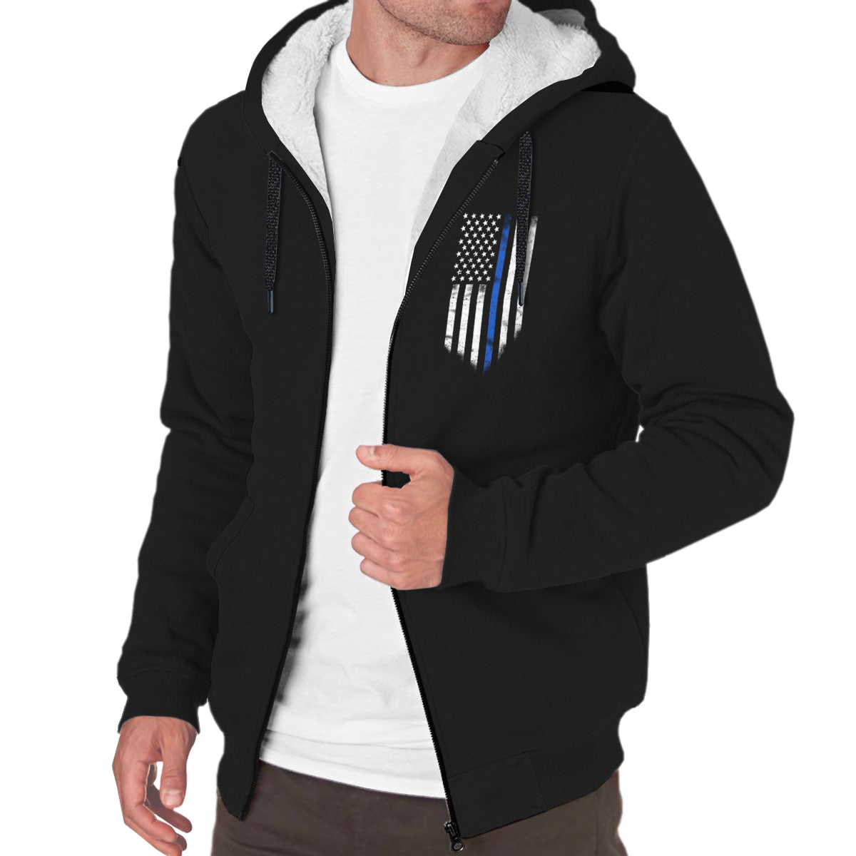 Thin Blue Line American Flag Sherpa Zip Up Hoodie