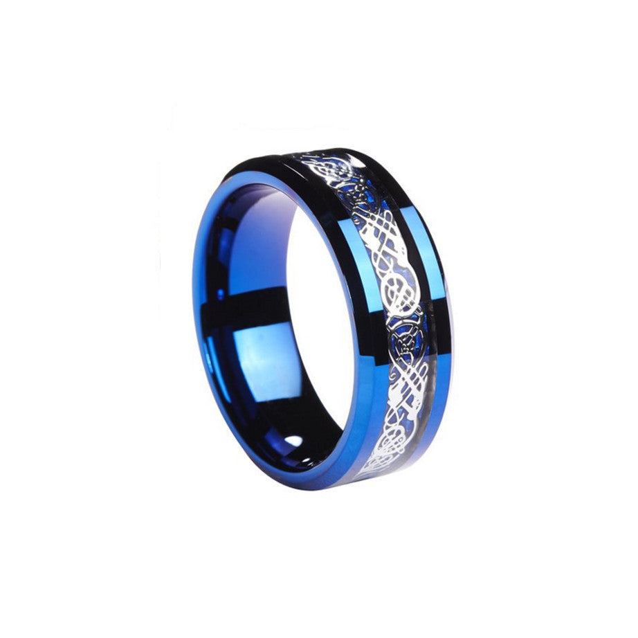 Blue with Silver Celtic Inlay Ring With Dragon Blue Edges