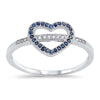 Gorgeous Sterling Silver Open Heart Ring with Clear Cz and Blue Sapphire Crystals