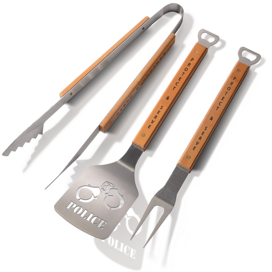 3-piece Grilling Set - Police Engraved Heavy Duty Stainless Steel BBQ Set
