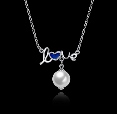 Sterling Silver Blue Heart LOVE PEARL Necklace .925