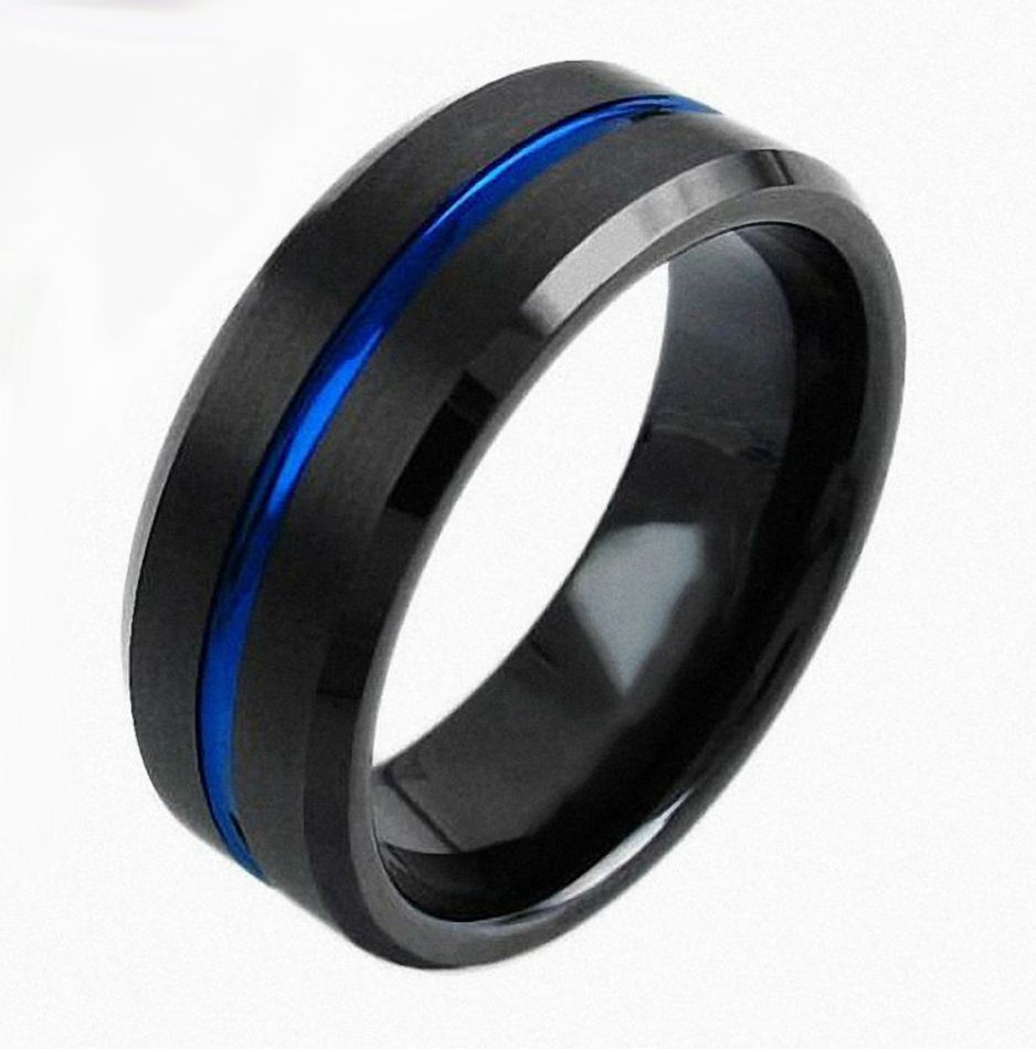 Thin Blue Line Ring - Black and Blue Tungsten Carbide Ring