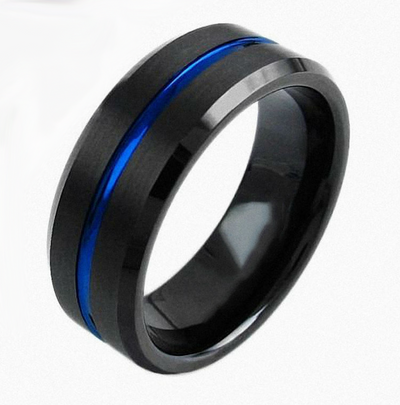 Thin Blue Line Ring - Black and Blue Tungsten Carbide Ring
