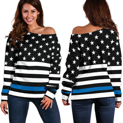 Thin Blue Line Stars and Stripes Women's Off Shoulder Sweater