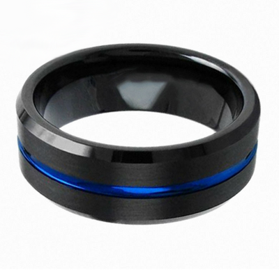 Thin Blue Line Ring - Black and Blue Tungsten Carbide Ring