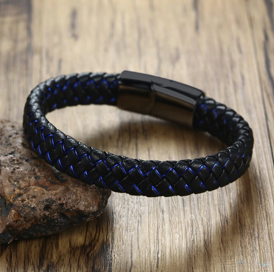 Blue-Black Braided Leather Bracelet, Stainless Steel Clasp | Castellojewels