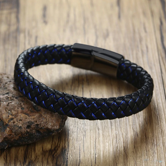 Thin blue discount line leather bracelet