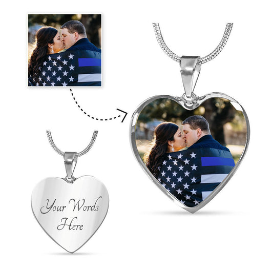 Customized Photo Heart Necklace with Phrase and Badge or Department Number